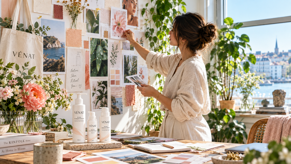 VÉNATs ateljé med moodboard, blommor och produkter i solljus