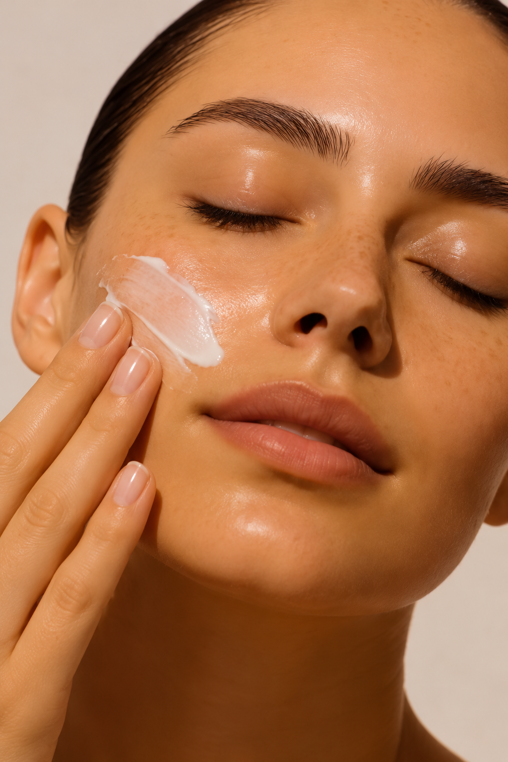 Velvet Barrier Cream appliceras på kinden