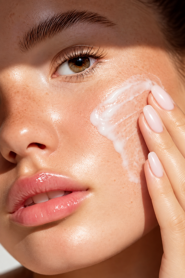 Velvet Cleansing Oil-to-Milk appliceras varsamt på kinden