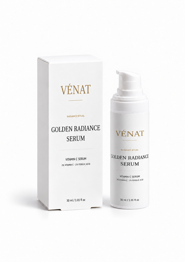 VÉNAT Golden Radiance Serum 30 ml – C-vitaminserum med 2 % vitamin C och 1 % ferulsyra, med förpackning